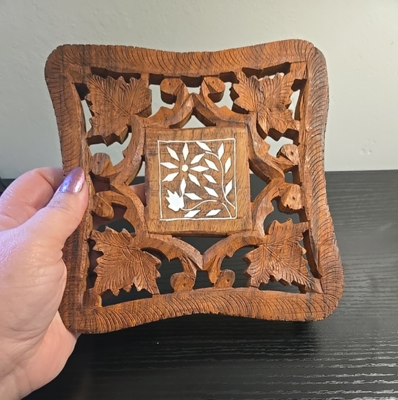 Handcrafted Carved Wooden Trivet With Floral Inlay - Picture 3 of 3